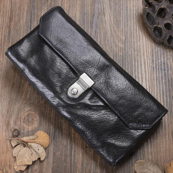 Handmade Black Cool Leather Mens Long Leather Wallet Bifold Clutch Wallet Phone Bag for Men