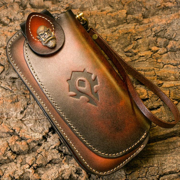 Handmade Leather Mens Cool Long World of Warcraft Leather Chain Wallet Cards Biker Trucker Wallet