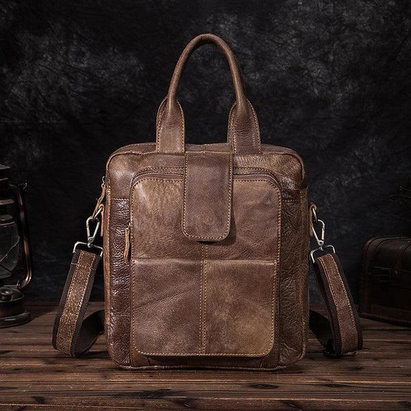 Brown Leather Mens Vertical Briefcase Work Bag Handbag Vertical 10 inches Shoulder Bags Business Bags For Men