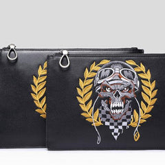Handmade Leather Mens Clutch Skull Cool Slim Wallet Zipper Clutch Wristlet Wallet for Men