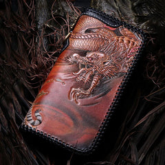 Handmade Leather Tooled Chinese Dragon Mens Chain Biker Wallet Cool Leather Wallet Long Clutch Wallets for Men