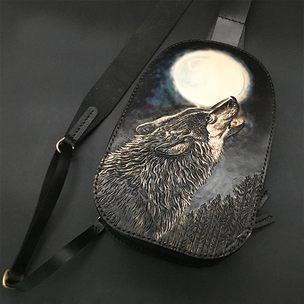 Black Handmade Tooled Leather Sling Bag Chest Bag Wolf One Shoulder Backpack For Men