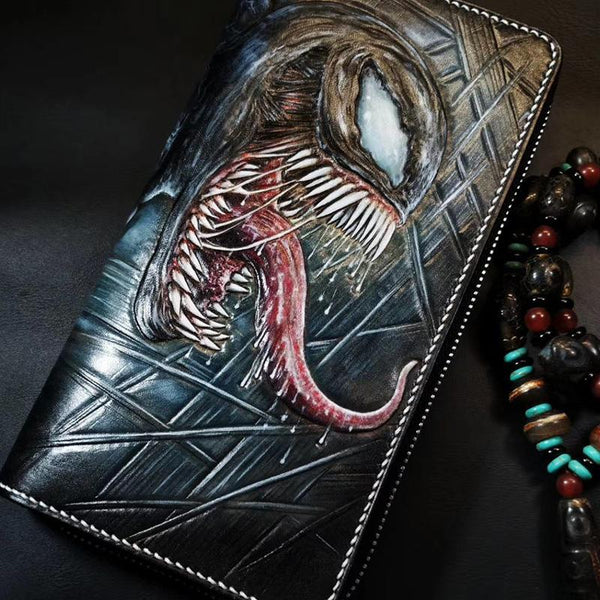 Badass Black Leather Men's Venom Long Biker Wallet Handmade Tooled Zipper Long Wallets For Men