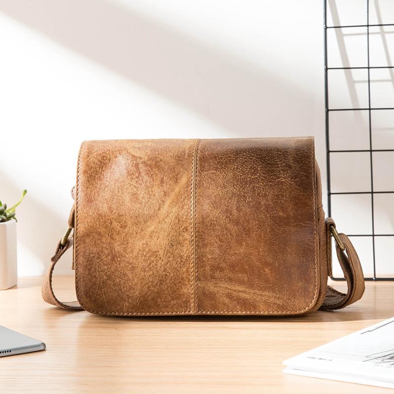 Camel Leather Mens Small Side Bag Small Messenger Bags Postman Bag Courier Bag for Men