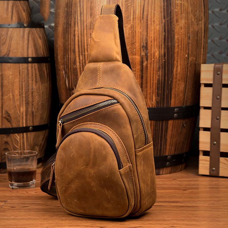 Cool Brown Leather Mens One Shoulder Backpack Sling Bags Crossbody Pack Chest Bag for men