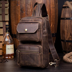 Cool Brown Leather Mens Sling Pack Sling Bags Coffee Crossbody Pack Chest Bag for men