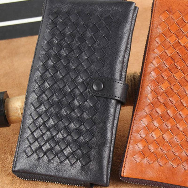 Genuine Leather Mens Cool Braided Wallet Long Leather Wallet Clutch Wristlet Wallet for Men