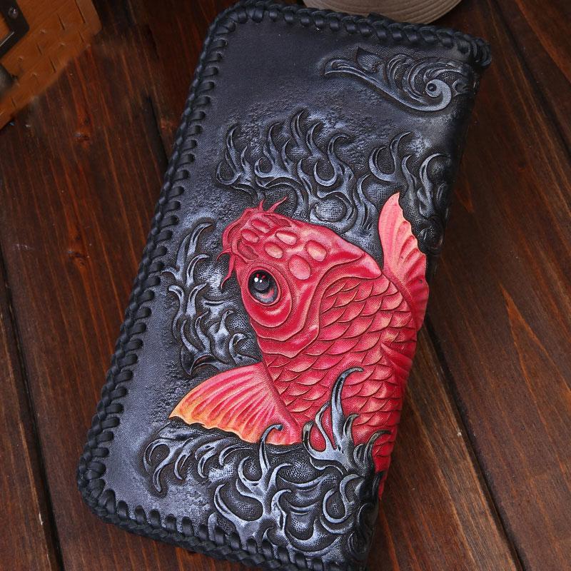 Handmade Leather Mens Clutch Wallet Tooled Cool Carp Wallet Long Zipper Wallets for Men