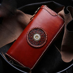 Handmade Leather Mens Chain Biker Wallet Tibetan Cool Leather Wallet Long Phone Wallets for Men