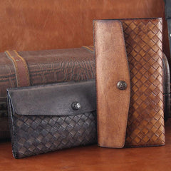 Handmade Leather Mens Clutch Cool Braided Wallet Clutch Wristlet Wallet for Men