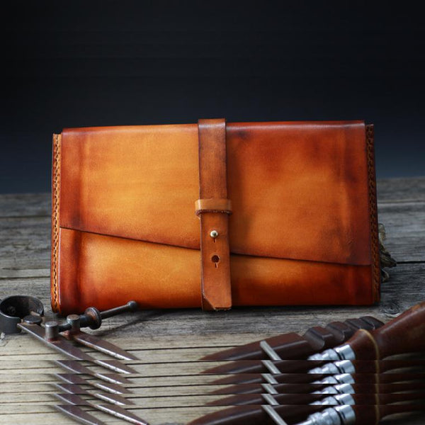 Handmade Leather Mens Brown Bifold Long Wallet Vintage Cool Clutch Wallet for Men