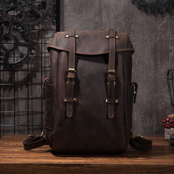 Coffee Cool Mens Leather Hiking Backpack Large Travel Backpack Leather Backpack for Men