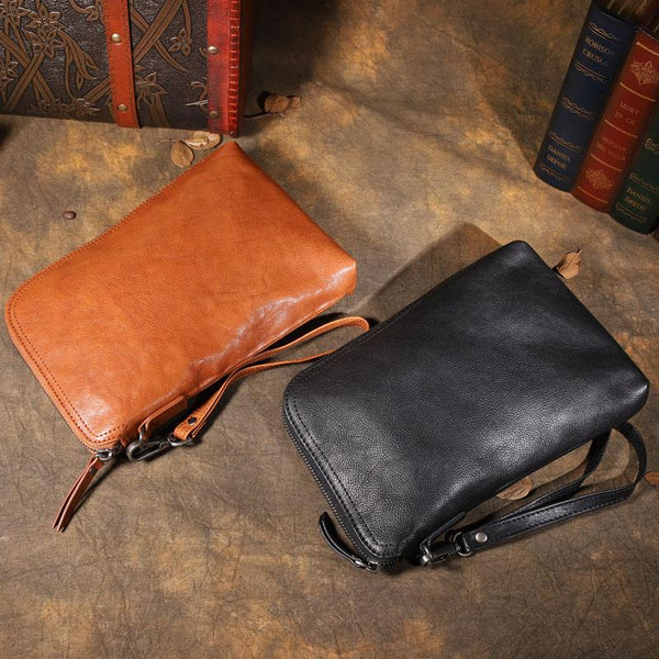 Cool Leather Mens Brown Long Wallet Wristlet Wallet Black Clutch Wallet for Men