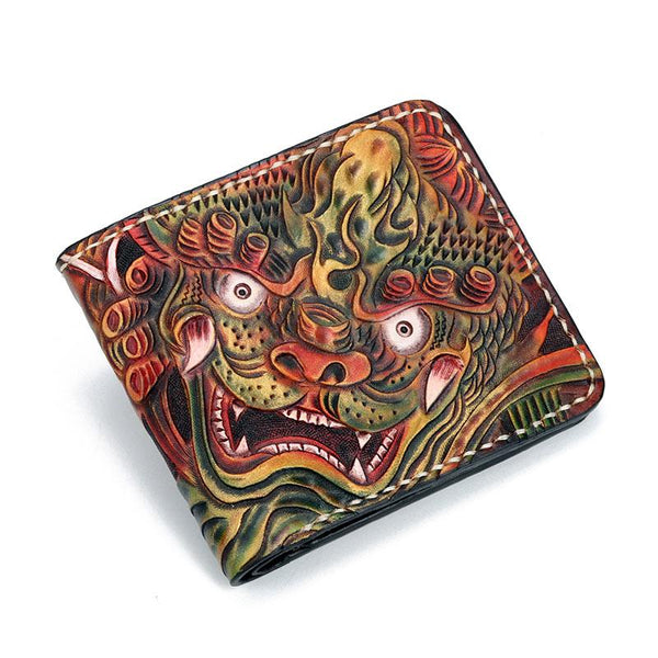 Handmade Leather Chinese Lion Tooled Mens billfold Wallet Cool Leather Wallet Slim Wallet for Men