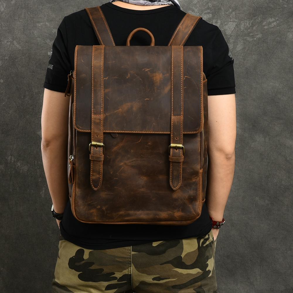 Cool Leather Mens 14" Dark Brown Hiking Backpack Travel Backpack College Backpack for Men