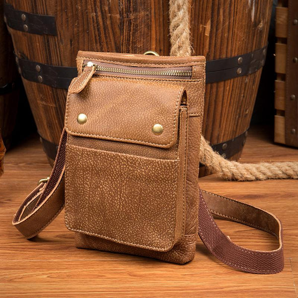 Cool Khaki Leather Mens Casual Waist Bag Belt Pouch Mini Messenger Bags Side Bag for Men