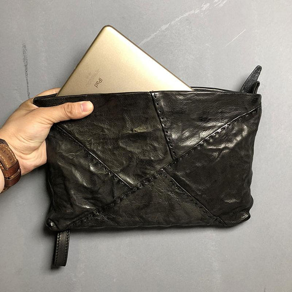 Handmade Leather Mens Clutch Cool Slim Wallet Zipper Clutch Wristlet Wallet for Men