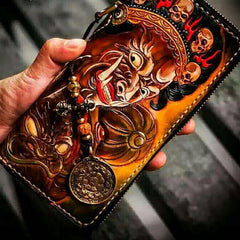 Handmade Leather Mahākāla Mens Tooled Chain Biker Wallet Cool Long Leather Wallets With Chain Wallets for Men