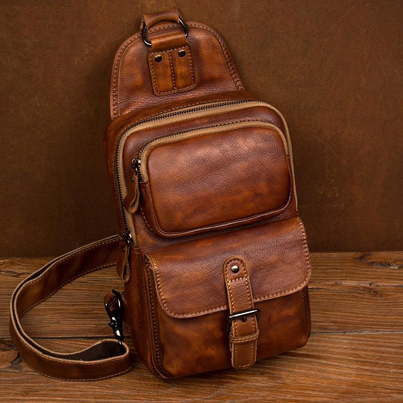 Casual Brown Leather Mens Sling Pack Sling Bag Chest Bags One Shoulder Backpack for Men