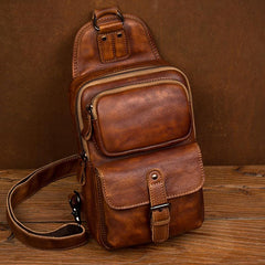 Casual Brown Leather Mens Sling Pack Sling Bag Chest Bags One Shoulder Backpack for Men