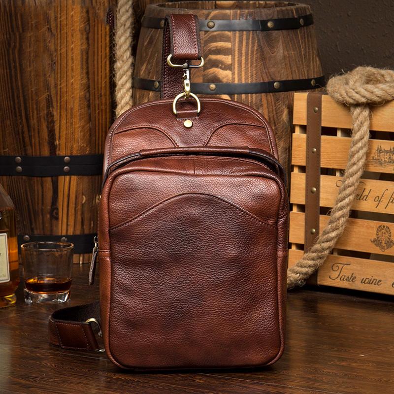 Casual Brown Leather Mens Sling Pack Sling Bags Chest Bags Brown One Shoulder Backpack for Men