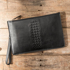 Black Cool Leather Mens Wristlet Bag Long Zipper Clutch Wallet Long Wallet Envelope Bag for Men