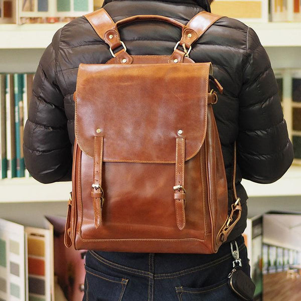 Vintage Mens Leather 15inch Laptop Backpack Leather School Backpack Travel Backpack for Men