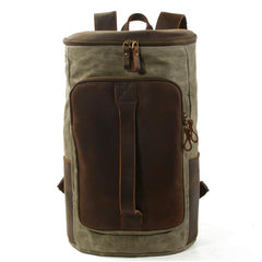 Cool Waxed Canvas Black Leather Mens 15.6‘’ Barrel Green Backpack Travel Backpack Hiking Backpack for Men