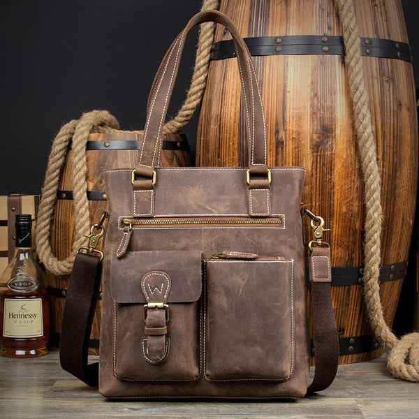 Casual Brown Leather 12 inches Shoulder Briefcase Work Bags Tote Bags for Men