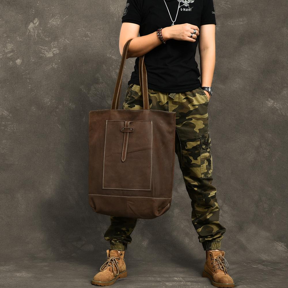Leather Mens Womens 16" Brown Large Shoulder Bag Tote Bag Large Side Bag For Men