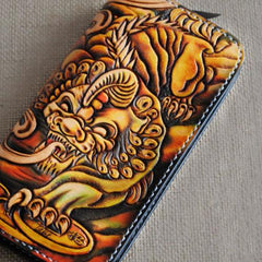 Handmade Tooled Brave Troops Long Leather Mens Cool Long Leather Wallet Zipper Clutch Wallet for Men