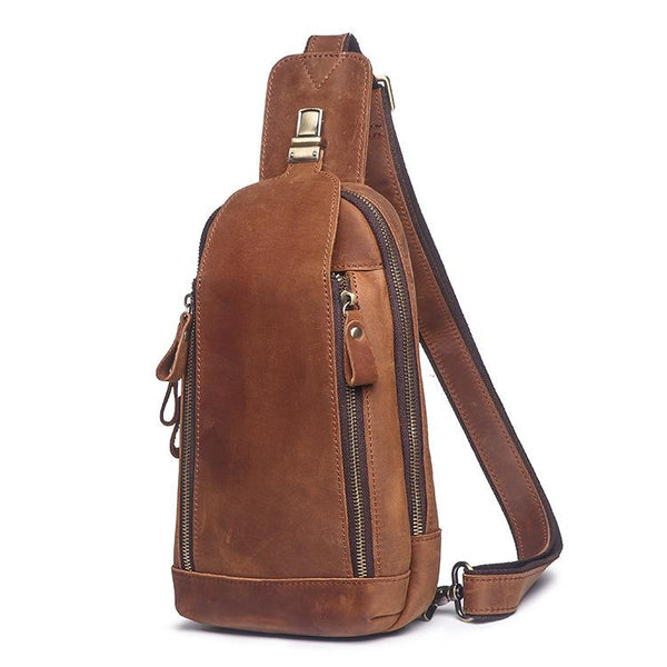 Cool Brown Leather Men's Sling Bag Chest Bag One-Shoulder Backpack For Men