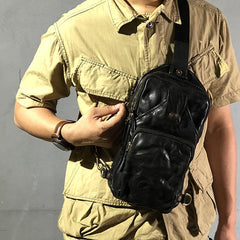 Vintage Black Leather Mens Cool Chest Bag Sling Bag Crossbody Pack Tan One Shoulder Backpack for men