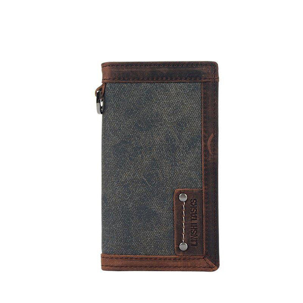 Casual Gray Canvas Leather Men's Long Wallet Bifold Cards Wallet Long Wallet For Men