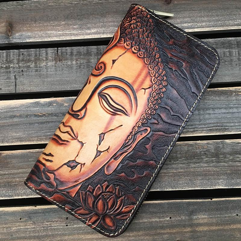 Black Handmade Buddha Leather Long Wallet Zipper Wallet Clutch Wallet For Men