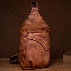 Cool Brown Leather Mens 8 inches Sling Bag Sling Pack Crossbody Pack Chest Bag for men