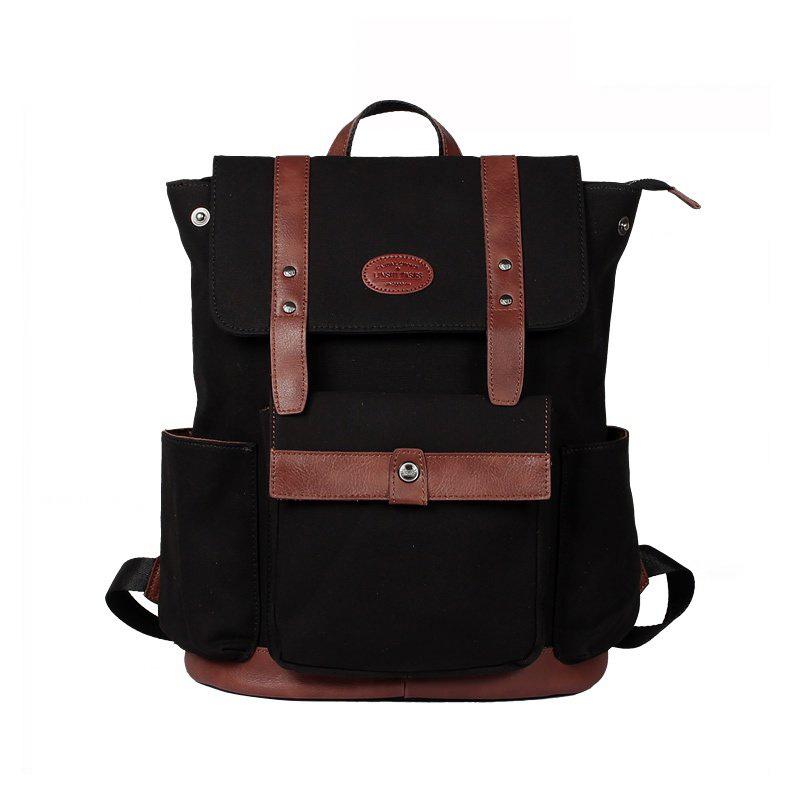 Black Fashion Canvas Leather Mens Laptop Backpack College Backpack Travel Backpack for Men