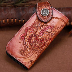 Handmade Leather Kylin Mens Tooled Long Biker Wallet Cool Leather Wallet With Chain Wallets for Men