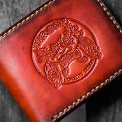 Handmade Leather Chinese Lion Tooled Mens billfold Wallets Cool Leather Wallet Small Wallet for Men