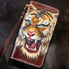 Handmade Leather Tiger Tooled Mens Chain Biker Wallet Cool Leather Wallet Long Phone Wallets for Men