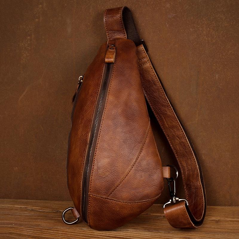 Brown Casual Leather Mens Sling Bag Chest Bags Brown SLing Pack One Shoulder Backpack for Men