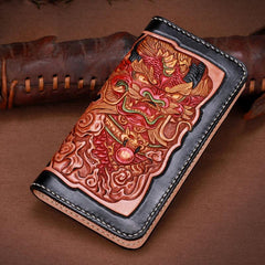 Handmade Leather Mens Clutch Wallet Cool Kylin Tooled Wallet Long Zipper Wallets for Men