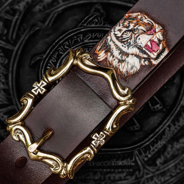 Handmade Genuine Leather Mens Tooled Tiger Belt Custom Cool Leather Men Black Belt for Men