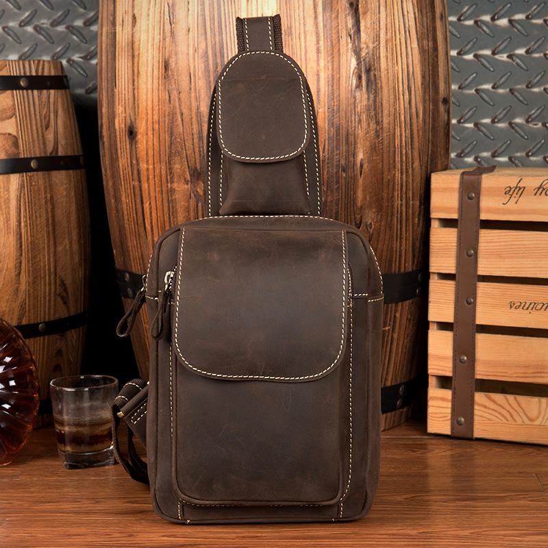 Cool Brown Leather Mens One Shoulder Backpack Sling Bag Brown Crossbody Pack Chest Bag for men