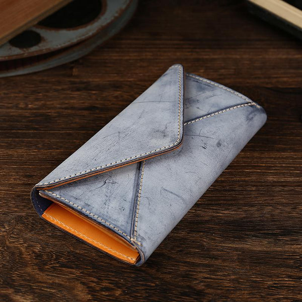 Handmade Leather Mens Gray Envelope Long Wallet Blue Long Wallet Clutch Bag For Men