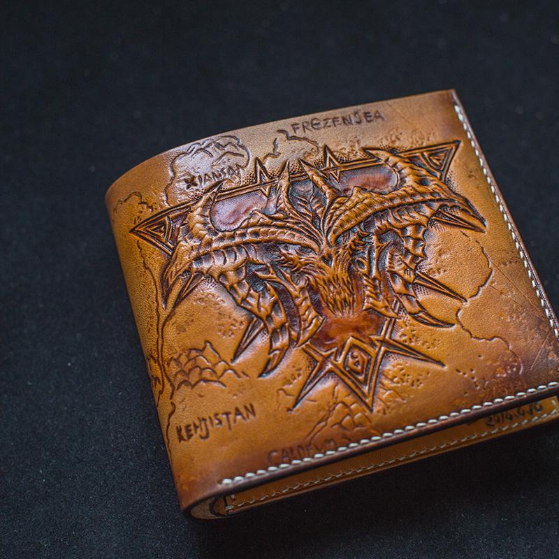 Handmade Leather Diablo Skull Tooled Mens Short Wallet Cool Slim Wallet Biker Wallet for Men
