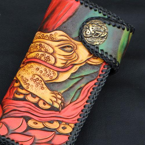 Handmade Mens Tooled Golden Toad Long Leather Chain Wallet Biker Trucker Wallet with Chain - iChainWallets