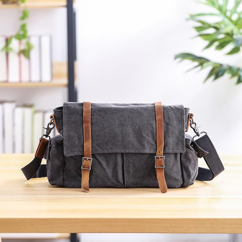 Waxed Canvas Leather Mens Waterproof 10'' Side Bag Courier Bag