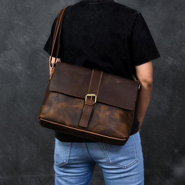 Vintage Leather Mens 13‘’ Brown Side Bag Messenger Bag Courier Bag For Men