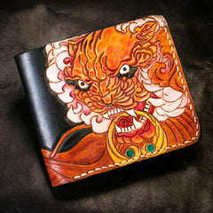 Handmade Leather Chinese Lion Tooled Mens billfold Wallet Cool Leather Wallet Slim Wallet for Men